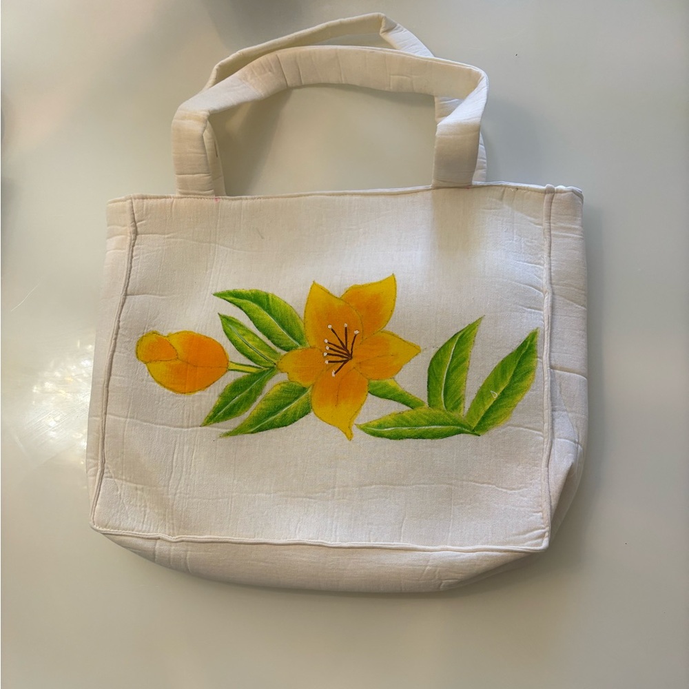 Floral Canvas Tote Bag - Cream with Yellow Accents